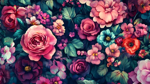 Vibrant Floral Garden with Pink Roses and Blooms