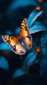 Golden butterfly on teal foliage in soft bokeh glow.