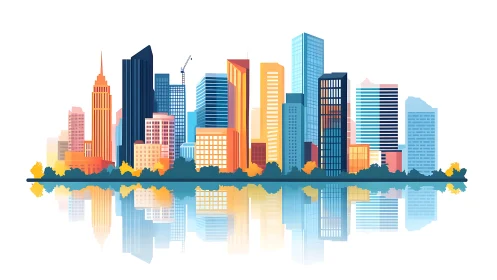 Urban skyline illustration with mirrored waterfront reflection.