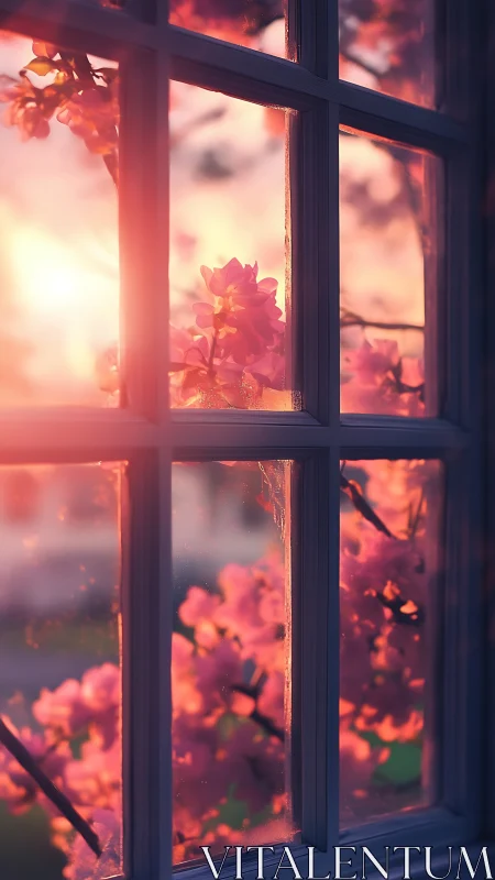 Window frame divides view of pink blossoms at low sunset