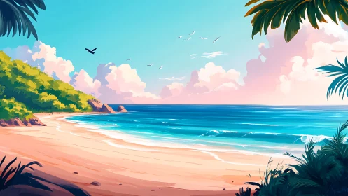 Tropical Beach Seascape with Palm-Framed Shore.