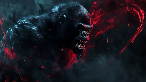 Snarling gorilla rendered in high-contrast neon infernal palette