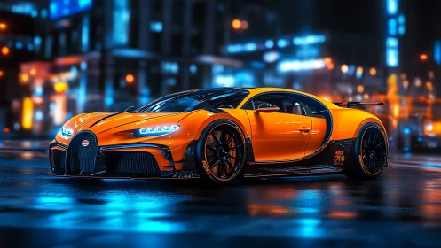 Orange hypercar glows against wet neon city streets at night