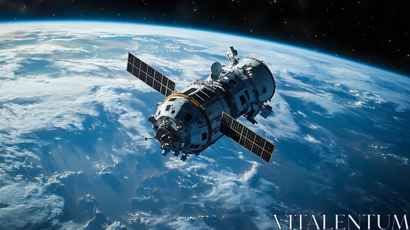 Low Earth orbit communications satellite with solar arrays deployed.