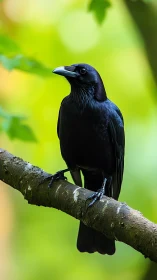 Obsidian Crow Perched on Lichen-Covered Branch.