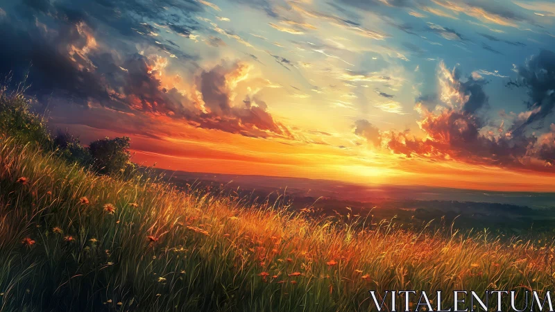 Sunset over sloping meadow with distant horizon line.