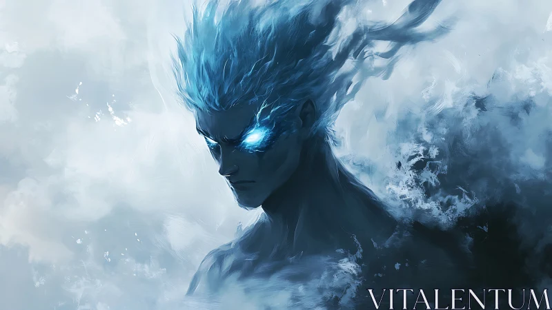 Blue ethereal humanoid portrait in abstract stormy mist.