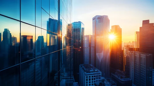 Specular glass skyline under axial sunrise illumination matrix.