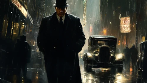 Man in trench coat walks through rain on 1930s city street