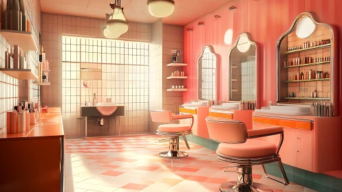 Sunlit retro pink salon interior glows with warm vintage charm