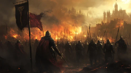 Armored medieval army storms burning fortress under fire.