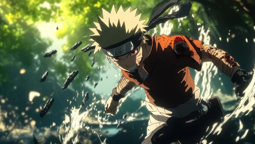 Battle-scarred ninja sprinting through water with dynamic debris