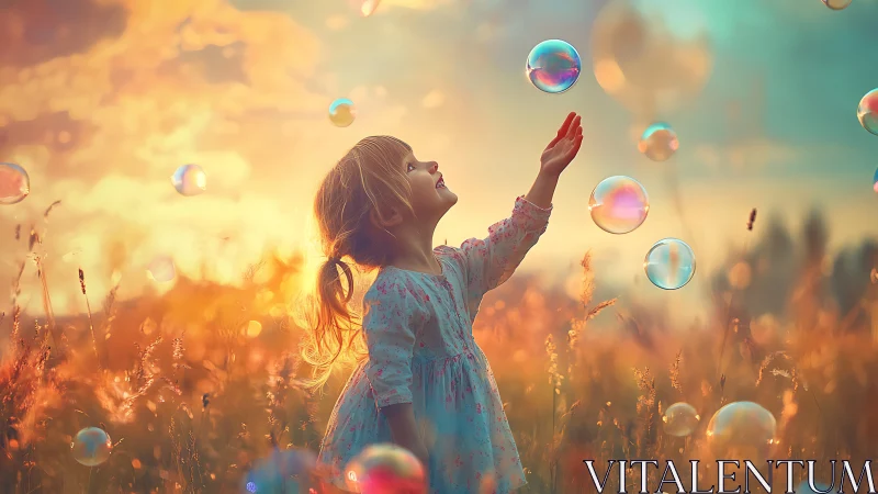 Child reaching for bubbles in golden hour meadow light.