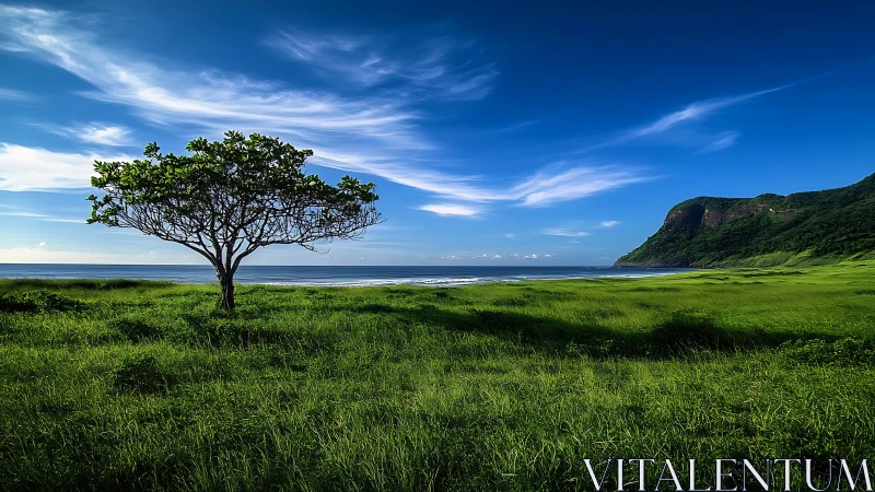 Solitary seaside tree welcomes calm waves and bright skies
