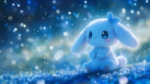 Fluffy blue bunny under glowing night sky bokeh field.