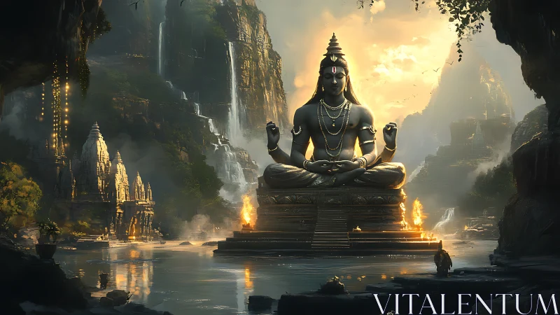 Riverlit stone deity in misty canyon of waterfalls and fire.