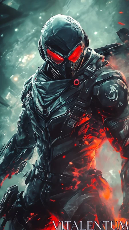Armored cybernetic soldier with red energy vents advances through smoke