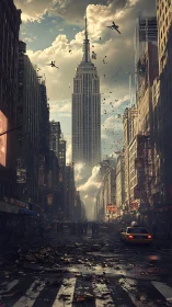 Post-apocalyptic Midtown avenue with towering spire skyline.