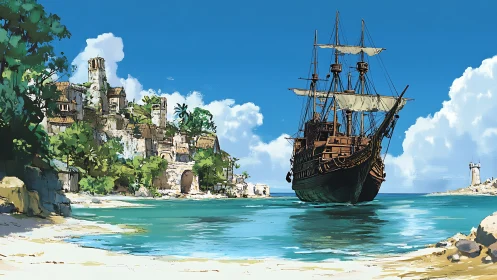 Coastal fortress ruins with sailing vessel in turquoise waters.