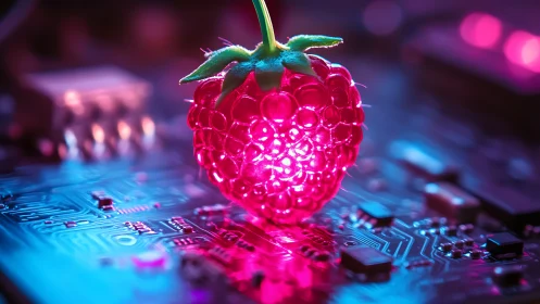 Glowing neon raspberry illuminates futuristic circuit board