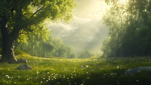 Luminous Forest Meadow Bathed in Golden Morning Light