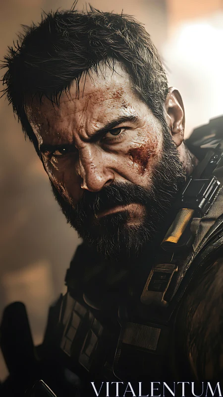 Battle-hardened soldier glares through cinematic backlight.