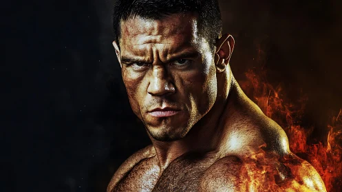 Muscular fighter stares intensely as fiery light engulfs shoulder