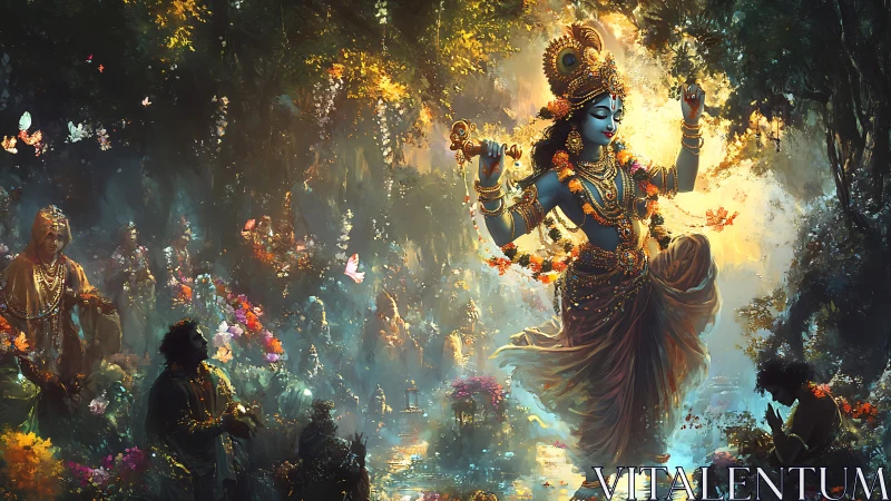 Graceful blue deity dancing through a glowing forest sanctuary.