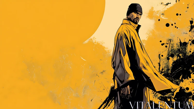 Urban figure in golden coat confronts a splattered dusk sky.