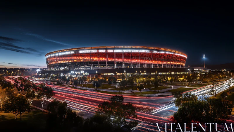 Illuminated modern stadium dominates nocturnal cityscape