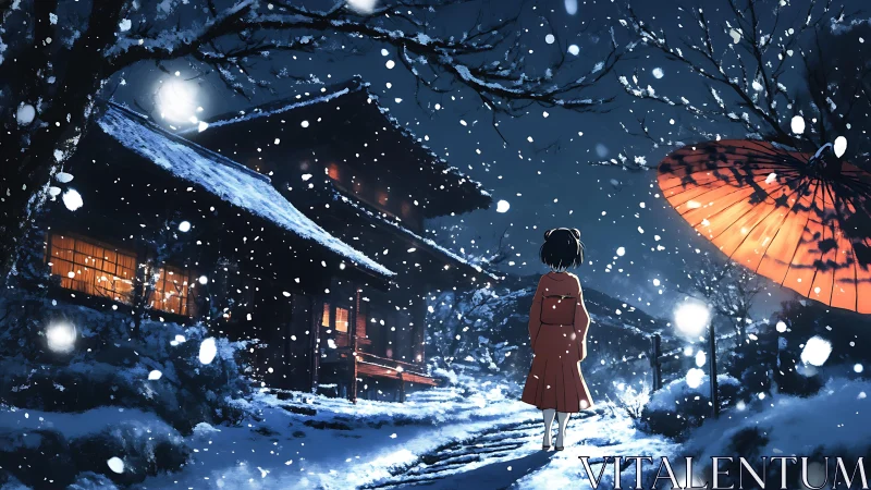Snow whispers around a lone girl on a lanternlit village path