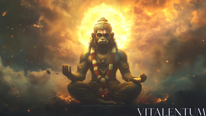 Radiant monkey-headed deity sits calmly within glowing clouds