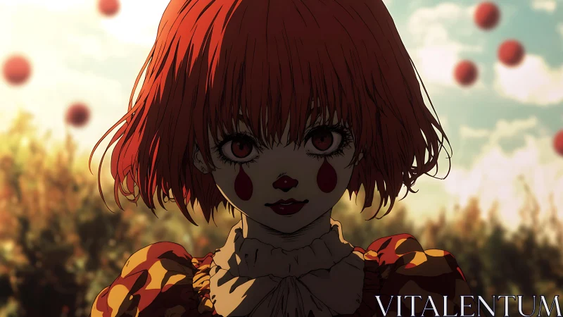 Crimson clown girl gazes boldly from a dreamy autumn field