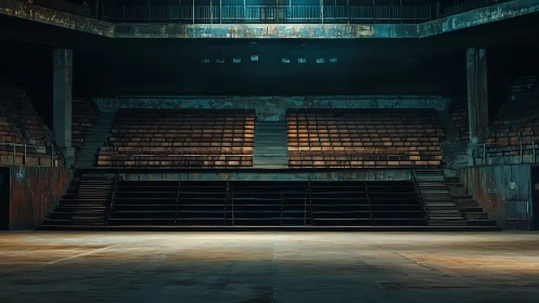 Cinematic view of abandoned concrete arena interior staging platform.