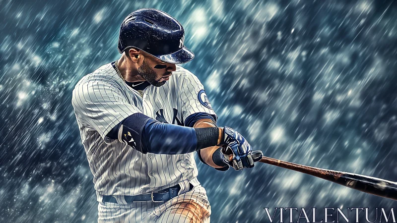 Power hitter swings through rain in dramatic stylized portrait.