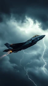 Stealth fighter jet climbs through storm clouds at speed.