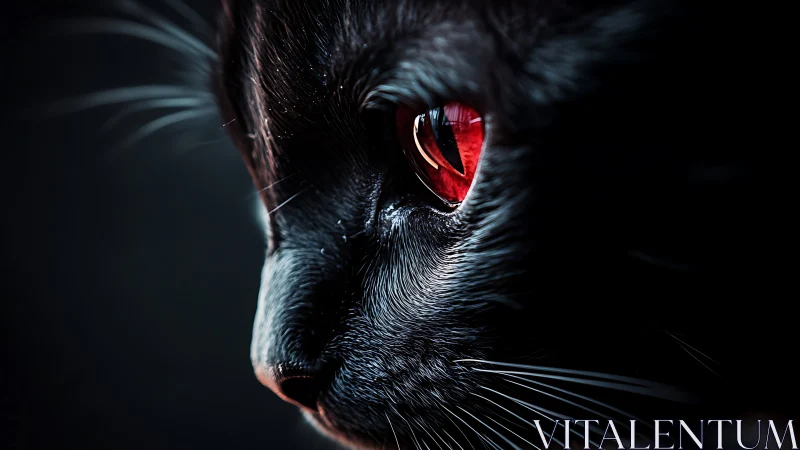 Black cat profile reveals vivid red eye against darkness