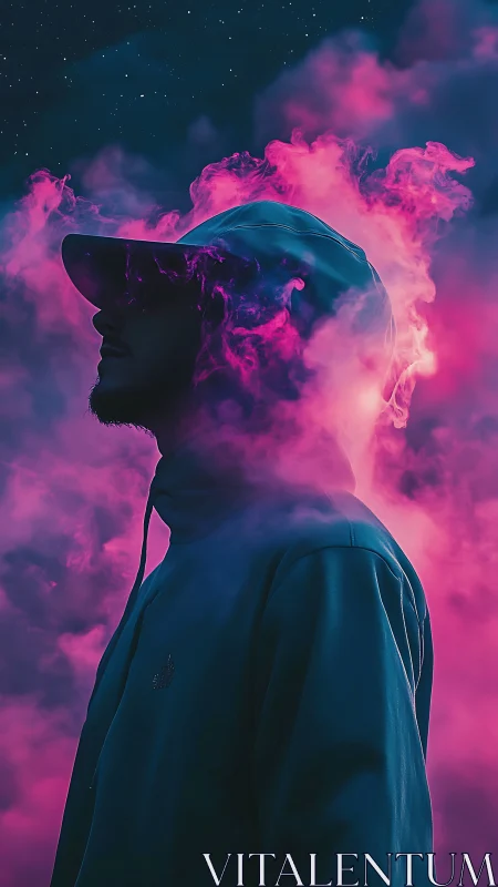 Silhouetted hooded figure in neon magenta nebula haze.