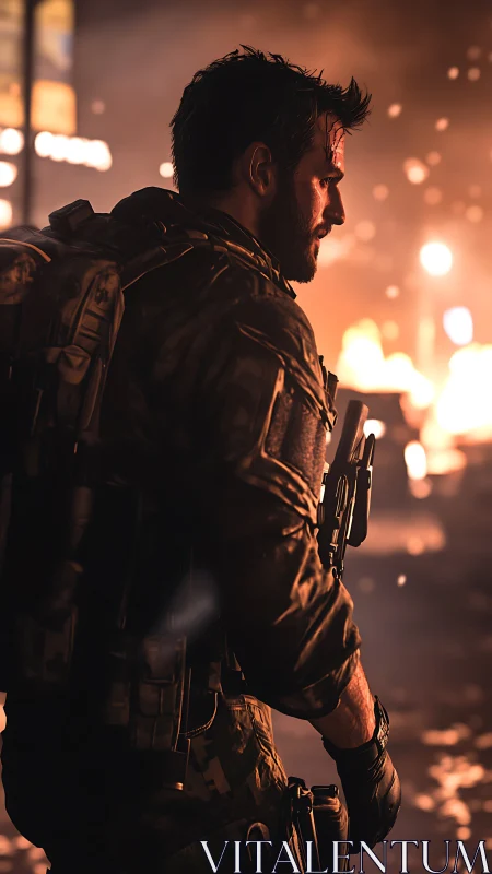 Combat soldier in burning urban warzone at nightfall.