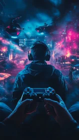 Cybernetic gamer interface merging urban neon battlefield vistas.