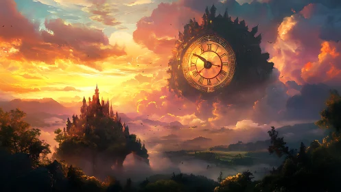 Floating clock fortress overlooks distant castle landscape