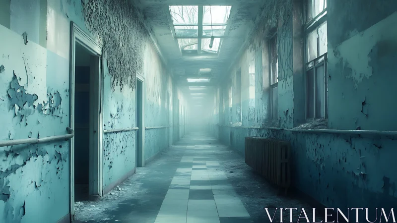 Abandoned hospital corridor with peeling blue walls and skylights.