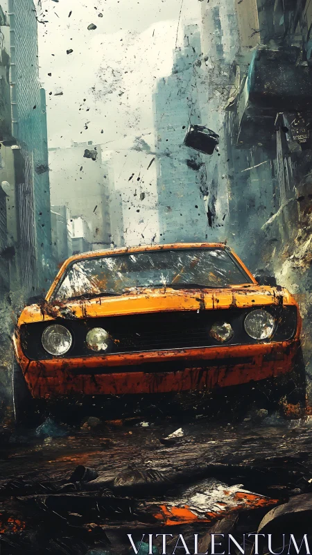 Rust-orange muscle car storms through shattered city streets.
