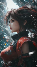 Cybernetic scout in red exosuit moves through neon storm