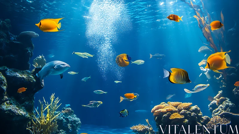 Colorful tropical fish swim through sunlit coral reef