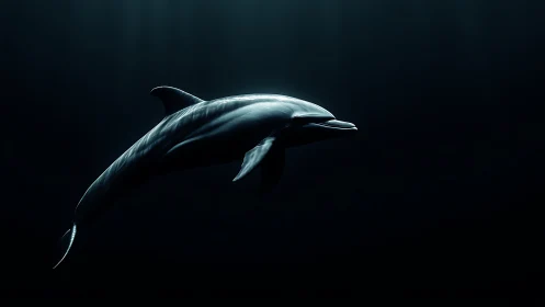 Solitary dolphin glides through dark underwater void.