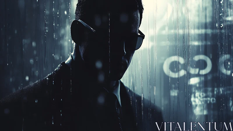 Cyberpunk silhouette portrait under neon urban rainfall.