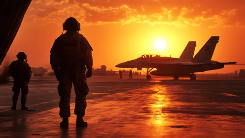 Silhouetted deck crew and jet on carrier flight line at sunset