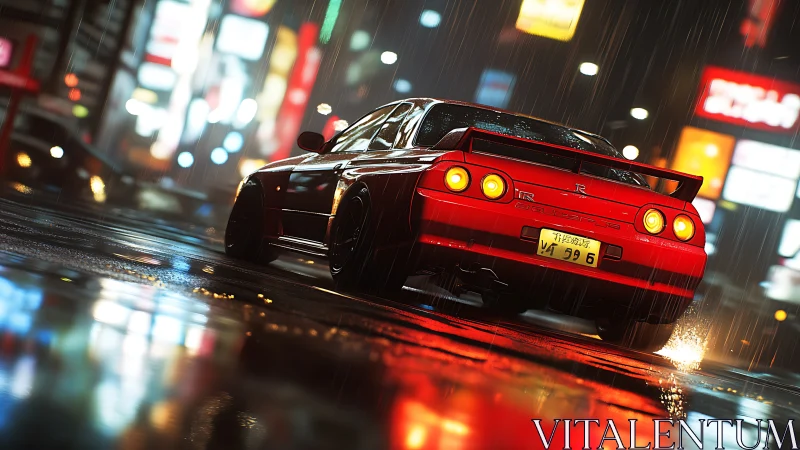 Red street racer drifting through neon city rainstorm.