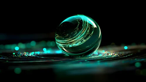 Luminous Glass Sphere on Dark Abstract Background, Digital Art.